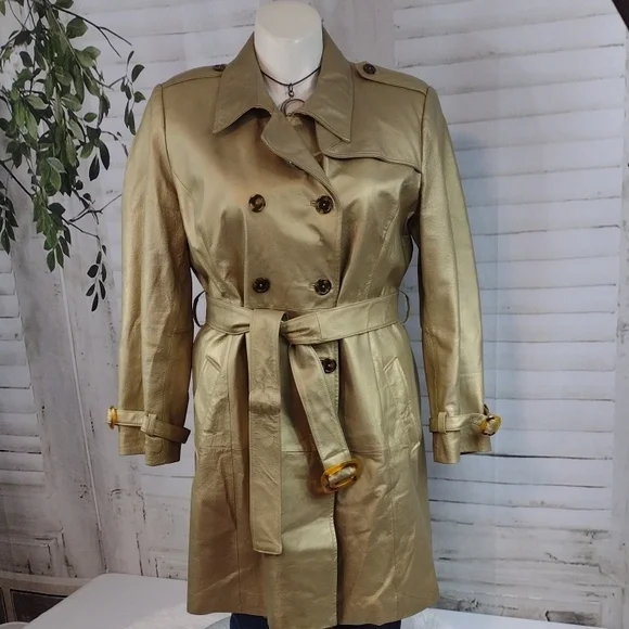 Vintage Jerry Lewis Gold Leather Trench Coat Women's Size 1X - Picture 3 of 9